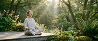 Peaceful mature woman meditating in lotus position on wooden deck surrounded by lush green garden with sunlight filtering through trees.