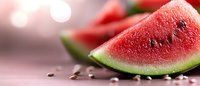 Fresh watermelon slice with black seeds on pink surface with soft bokeh lights background. Summer fruit concept for healthy eating and refreshment.