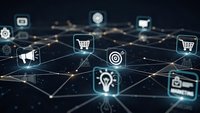 Digital marketing network with interconnected business icons and glowing connections representing modern e-commerce and online shopping technology solutions.