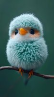 Adorable mint green fluffy baby bird with orange beak perched on branch against dark green background, featuring soft feathers and round shape. Perfect for children decor.
