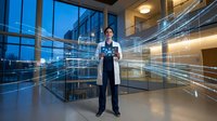 Asian female doctor in white coat standing in modern hospital lobby with futuristic digital network connections and glowing data streams in corporate healthcare setting.