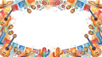 Colorful watercolor Cinco de Mayo border frame with guitars, maracas, sombreros, flags, and flowers on white background, copy space.