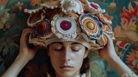 Young woman wearing ornate traditional headdress with circular beaded embellishments and embroidery details against floral background, eyes closed in peaceful expression.