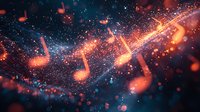 Musical notes floating in cosmic space with glowing orange and blue particles creating magical atmosphere for music and sound visualization backgrounds.