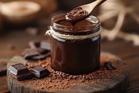 Homemade chocolate spread in glass jar with wooden spoon, cocoa powder and dark chocolate pieces on rustic wooden board for breakfast and dessert recipes.