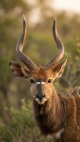 Male impala antelope portrait with curved horns in golden sunlight, wildlife photography for nature and safari themed projects.