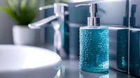 Turquoise soap dispenser with water drops on glass surface against modern bathroom interior with chrome faucet and white sink, fresh spa atmosphere.