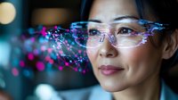 Asian female scientist wearing safety glasses with digital data visualization and colorful particles in modern laboratory setting.