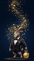 Anthropomorphic goat character wearing formal black tuxedo and bow tie holds golden ornament while magical golden sparkles and light particles burst from head against dark blue background for festive holiday designs.