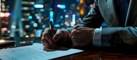Business professional signing document at night with city lights bokeh through window, close-up of male hands in suit with pen, corporate contract paperwork.