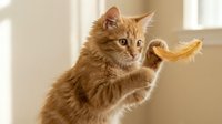 Adorable orange tabby kitten playing with feather toy in bright sunlit room. Playful domestic cat with fluffy fur reaching paw toward camera in cozy home interior.