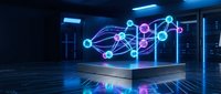Futuristic holographic network visualization with glowing nodes and connections floating above digital platform in modern tech environment for data analytics.
