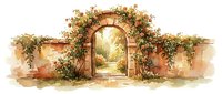 Rustic arched stone gateway with climbing ivy vines and warm sunlight streaming through opening, suitable for garden design, fantasy illustrations, and architectural backgrounds.
