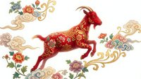 Red goat with golden floral patterns leaping through decorative clouds and flowers in traditional Asian art style for Chinese New Year celebrations.