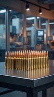 Rows of golden brass ammunition bullets arranged on metal surface in modern industrial manufacturing facility with blurred machinery background.