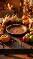 Autumn harvest table setting with wooden bowl surrounded by pumpkins, corn, apples, and cranberries on rustic wood surface with warm candlelit background.