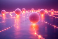 Glowing spheres connected by luminous lines on reflective surface create futuristic network visualization in purple and orange colors. Abstract technology concept.