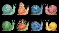 Colorful decorative snails with ornate spiral shells in various colors including turquoise, orange, blue, pink, and gold. Isolated on transparent background, ready for clipart, t-shirt design, stickers, and print-on-demand products.
