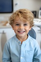 Young child with curly blonde hair wearing light blue button-up shirt smiling brightly at camera in home setting. Natural lifestyle portrait showing joy and happiness.