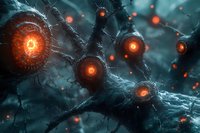 Glowing orange neural network with interconnected nodes on dark background, depicting futuristic brain synapses or artificial intelligence concept.
