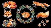 Cute red fox clipart set isolated on transparent background, featuring sleeping, jumping, and sitting foxes, floral wreath, tail, and paw prints for stickers, t-shirts, print on demand.