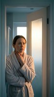 Worried woman in white bathrobe touching throat feeling unwell at home hallway morning light healthcare wellness concept.