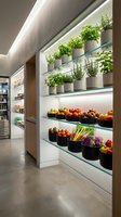 Modern grocery store interior with fresh produce display and herb garden shelves featuring organic vegetables and potted plants in contemporary retail space.