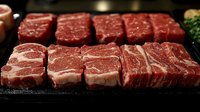 Fresh raw beef steaks arranged in rows on black stone surface, showing marbled texture and deep red color for premium meat presentation.