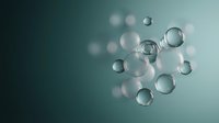 Transparent water bubbles floating in teal gradient background creating abstract molecular structure for science education and research presentations.