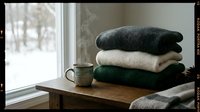 Stacked knit sweaters and cozy blankets on wooden table by window with winter landscape view, perfect for home decor and lifestyle content.