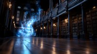 Mystical glowing blue smoke swirls through dark vintage library interior with wooden bookshelves, ornate architecture and dramatic lighting creating magical atmosphere.