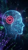 Digital brain with glowing circuit patterns and neon power button in cosmic space background representing artificial intelligence and machine learning technology.