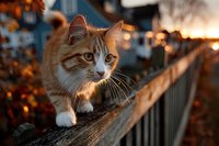 Orange tabby cat walking on wooden fence at sunset with warm golden light illuminating its fur against blurred autumn background.