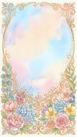 Watercolor floral frame with gold ornaments, pastel roses, hydrangeas, and soft sky background, perfect for wedding cards and invitations.