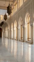 Elegant Islamic architecture corridor with ornate arches, intricate geometric patterns, marble columns and traditional lanterns creating serene spiritual atmosphere.