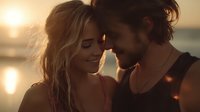 Romantic couple sharing intimate moment at sunset beach, soft golden light illuminating their faces as they smile with eyes closed, ocean backdrop creates dreamy atmosphere.