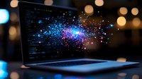Glowing code on laptop screen with colorful particle explosion effect against dark background with bokeh lights, representing digital transformation and technology.