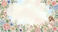 Watercolor floral frame with peonies, roses, and anemones surrounding a young woman in vintage dress on isolated background for design projects.