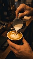 Skilled barista hands creating latte art with steamed milk in coffee cup at cafe. Professional coffee making process with warm atmospheric lighting.