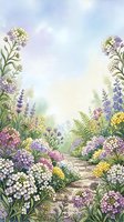 Watercolor garden path surrounded by blooming wildflowers and herbs in soft pastel colors with dreamy sky background for spring designs.