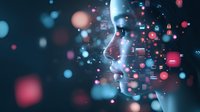 Futuristic artificial intelligence concept with glowing particles and digital elements surrounding robotic face profile on dark background with bokeh effect.