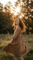 Happy young Caucasian woman with curly red hair dancing in flowing brown dress during golden hour sunset in nature park for lifestyle and wellness content.