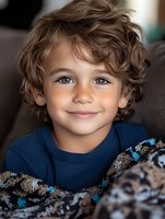 Young child with curly brown hair and bright blue eyes wearing navy blue shirt smiles warmly while relaxing under cozy patterned blanket. Natural lighting creates soft portrait.