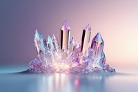 Magical crystal cluster with pink and blue iridescent quartz points emerging from base, glowing with ethereal light against soft gradient background.