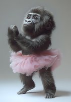 Young gorilla wearing pink tutu stands in ballet pose against neutral background, combining wild nature with graceful dance elements for humorous effect.