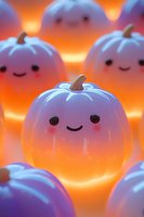 Cute kawaii pumpkins with happy smiling faces glowing in soft orange and purple light, creating magical autumn mood for seasonal decoration and greeting cards.