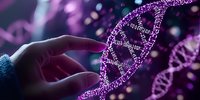 Glowing purple DNA helix structure with binary code and human hand touching digital genetic data visualization against dark background with bokeh effect.