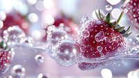 Fresh ripe strawberry splashing in crystal clear water with bubbles and droplets against blurred pink background, macro photography for food advertising.