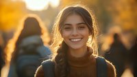 Young Caucasian woman with braided hair and warm sweater smiling at sunset, backlit portrait with natural golden bokeh and blurred people in background.