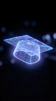Digital holographic graduation cap with circuit board pattern glowing in neon blue light against dark background for education technology concepts.